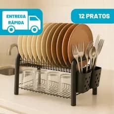 Escorredor de Louça Pratos Copos Talheres Aço Dois Andares 12 Pratos Compacto Preto