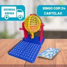 Bingo Jogo Brinquedo 24 Cartelas 90 Bolinhas Com Globo Giratório Infantil