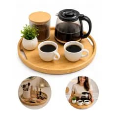 Bandeja Café da Manhã Decorativa Bambu Redonda 30 cm Com Alças Para Servir e OrganizarBandeja Café da Manhã Decorativa B