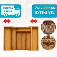 Organizador Gaveta Porta Talher Cozinha Bambu Ajustável Extensível 7 Divisória Multiuso