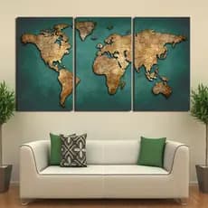 Quadro Mosaico 3 Peças Decorativo Mapa Mundi/Antiguidade Verde e Dourado Kit 3 quadros decorativos
