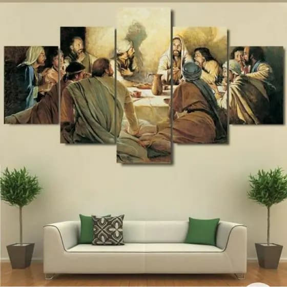 Quadro Decorativo Mosaico Jesus e Seus Discipulos Santa Ceia 5 peças Moderno Religioso Elegante