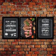 KIT 3 QUADROS DECORATIVOS MODERNOS ELEGANTES CHURRASCARIA DECORAÇÃO CANTINHO DO CHURRASCO 3 PEÇAS