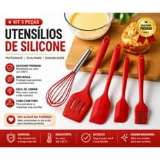 Kit 5 Utensílios de Cozinha Silicone Antiaderente Espátula Colher Pincel Resistentes