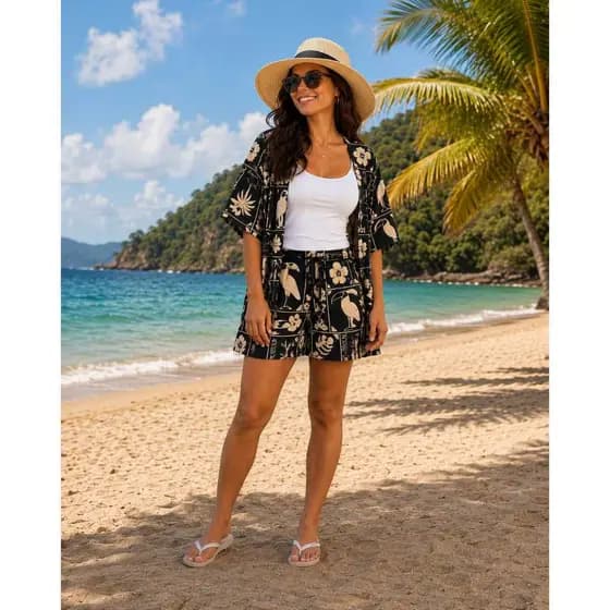Conjunto Feminino Kimono + Short em Sedinha Estampado | Leve, Fresquinho e Elegante
