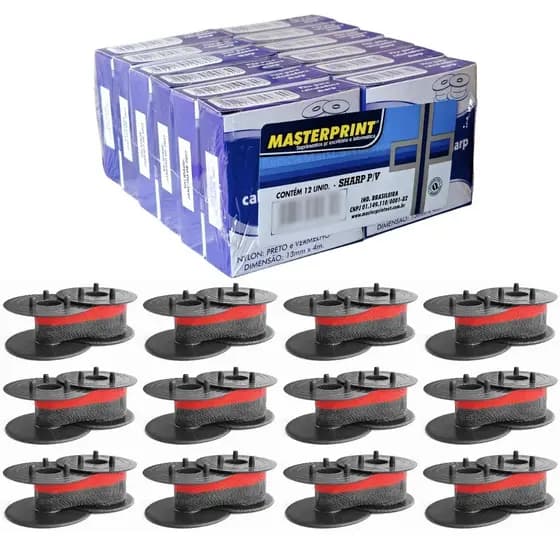 12 Fitas Masterprint Para Máquina De Calcular Sharp Preto e Vermelho