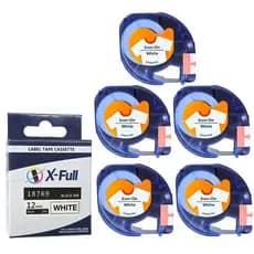 5 Fita 18769 12mm 2m Preto No Branco Para Tecido Iron-on Termocolante Dymo LetraTag LT-110T QX50 XR XM 2000 2000 Plus