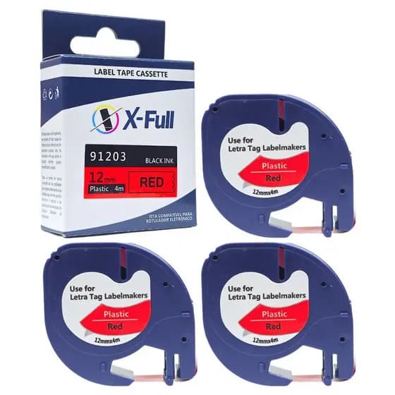 3 Fita Compatível 91203 12mm 4m Preto No Vermelho Para Rotulador DYMO LetraTag Plus LT-100H