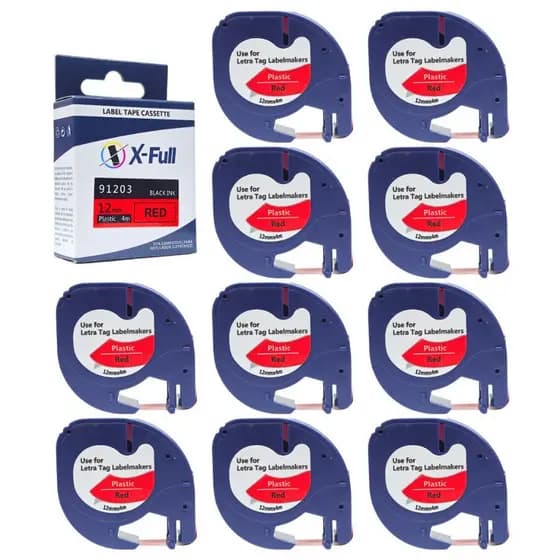 10 Fita Compatível 91203 12mm 4m Preto No Vermelho Para Rotulador DYMO LT-100H LT-100T XR
