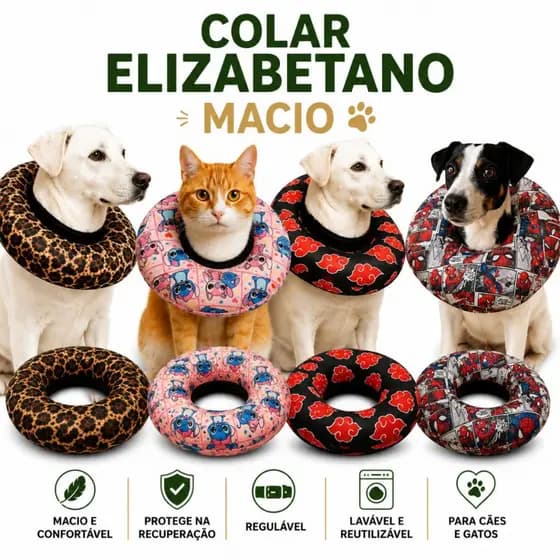 Colar Elizabetano Macio Regulável Pós Cirúrgico Cães e Gatos