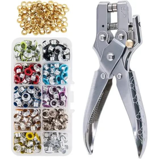 Alicate De Metal Furador e Aplicador Ilhós + 500 Ilhós Kit Estojo Vazador Pinça