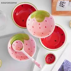 [SOURC] Adorável Morango Melancia Em Forma De Tigela Colher Cerâmica Colheres De Cereais Ramen Sopa Padrão De Frutas Ser