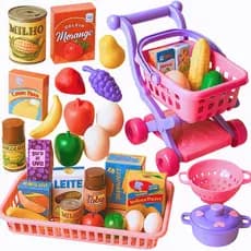 Kit Brinquedos Menina Carrinho Supermercado Cestinho Feirinha Conjunto Panelas Infantil Comidinha