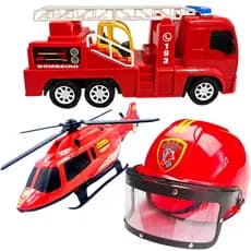 Kit Bombeiro Capacete Caminhão Helicóptero 3 Brinquedos Infantil Carrinhos Carro Meninos