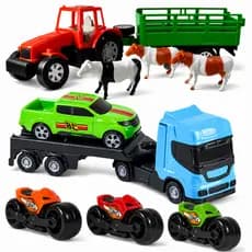 Kit Carrinhos Brinquedo Menino Caminhão Reboque Cegonheiro Trator Fazenda Bois Moto Carro Presente
