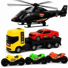 Kit Carrinhos Brinquedo Menino Caminhão Reboque Cegonheiro Helicoptero Moto Carro Presente Criança