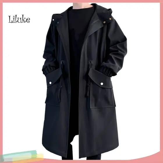 Men Coat Breathable Windbreaker Men's Hooded Trench Mid-length Windproof Jacket with Big Pockets Zipper Closure Anti-wri