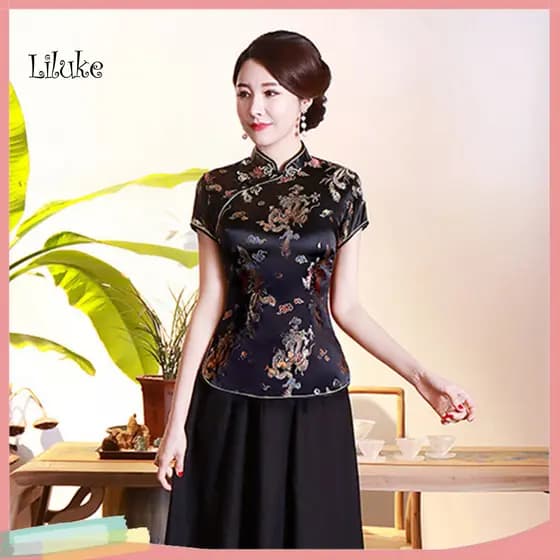 LK Feminino Cheongsam Camisa Dragão Phoenix Impressão Estilo Chinês Verão Outono Lado Split Gola Topo Para Banq