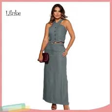 Lady Pure Color Outfit Backless Vest 2 Pcs Women Skirt Set Halter Neck Top High Waist Side Split Maxi Stylish Party Comm
