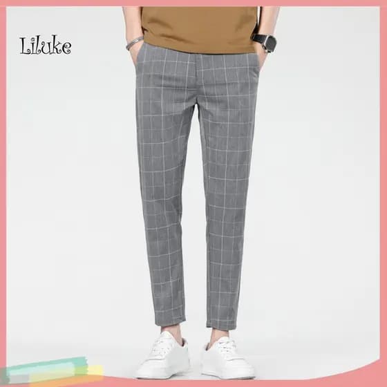Reinforced Pocket Seams Men Pants Regular Fit Men's Slim Plaid with Side Pockets – Stretchy Thin Straight Leg Casual F