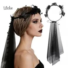 Faixa De Cabeça Em Forma De Anel LK , Acessório De Cabelo Assustador De Halloween Com Rosas Pretas , Véu De Malha Gradie