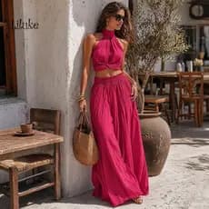 LK Conjunto Casual Elegante De Duas Peças Feminino , Top Cropped Torcido Com Gola Halter E Calças Elásticas De Cintura A