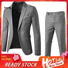 kT 1 Conjunto Masculino Blazer Calças Cor Sólida Manga Longa Fino Ajuste Turndown Colarinho Temperamento Um Botão Bolsos