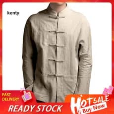 Solid Color Stand-up Collar Shirt Long Sleeve Men's Autumn Chinese Style Mandarin Tai Chi Kung Fu Top with Pockets and f