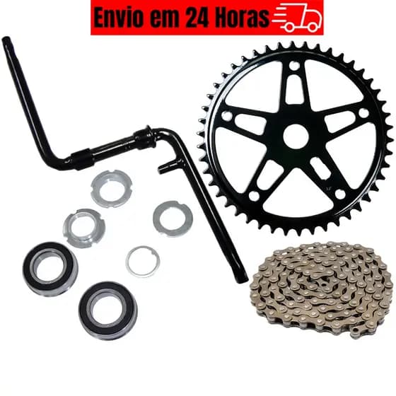 Kit Pé de Vela Monobloco Preto + Coroa 46 Dentes + Movimento Central 45mm Rolamento + Corrente de Bicicleta Sem Marcha