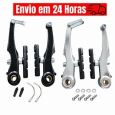 Freio V-brake Tipo Logan Alumínio Bike Mtb Preto/Prata Com Sapata Allen Orbital Cromado Polido