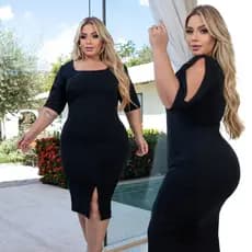 Vestido Feminino  Plus Size Moda Evangélica Gola Quadrada Acinturado Midi com Manga e Fenda GG ao G4