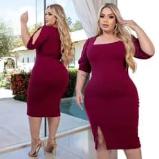 Vestido Feminino Midi Plus Size Moda Evangélica De Festa Com Manga e Fenda Do GG ao G4