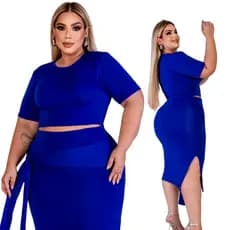 Conjunto Feminino Plus Size Saia com Fenda Lateral e Faixa Modeladora + Cropped com Manguinha G/G4