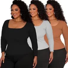 Kit 3 Blusas de Frio Feminina Plus Size de Manga Comprida Canelada Ribana Elegante Inverno até G4