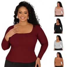 Kit com 2 Blusa Feminina Plus Size Manga Longa Elegante Gola Quadrada Canaleda  GG ao G4