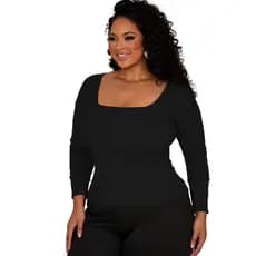 Blusa Ribana Manga Longa Feminina Gola Quadrada Plus Size Canelada Elegante Casual
