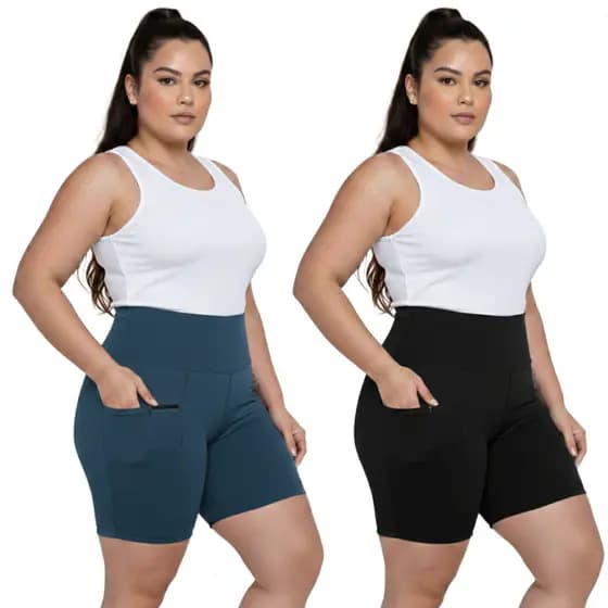Kit 2 Bermudas Legging Bolso com Zíper Feminina Plus Size Cos Alto, Não Fica Transparente, Perfeita para Treino Academia