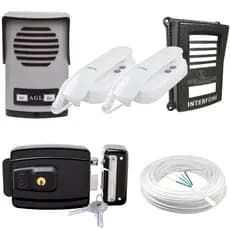 Interfone AGL Coletivo 2 Pontos para duas casas/apto + Fechadura Reversível tamanho grande + Protetor Anti-vandalismo do porteiro + 100 metros de cabo 4 vias
