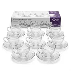 Jogo de Xícara 12 Peças Com Pires 220ml Vidro Transparente Kit 12 Peças Resistente Elegante