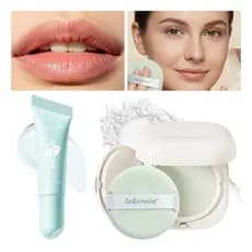 Conjunto Lakerain 2 Unidades : Pó Compacto De Desfoque Para Controle De Óleo + Máscara Labial Refrescante , Fosco E Cuid