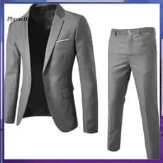 PU 1 Conjunto Masculino Blazer Calças Cor Sólida Manga Longa Fino Ajuste Turndown Colarinho Temperamento Um Botão Bolsos
