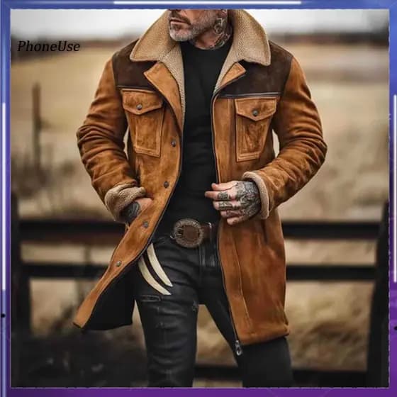 Comfortable Men Outerwear Jacket Men's Vintage Suede Motorcycle with Plush Lapel Long Sleeves Zipper Front Large Pockets