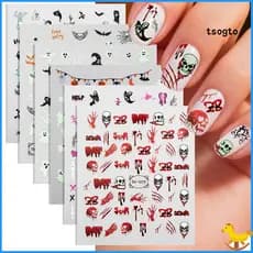 【TS】6 Folhas De Adesivo De Unha Que Brilha No Escuro De Halloween , Decalque De Manicure De Caveira De Abóbora Fantas