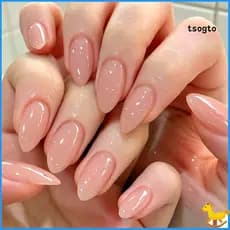【TS】24 Unidades De Unhas Nuas Femininas , Falsas Naturais Brilhantes De Amêndoa , Cola Longa De Cobertura Completa Em