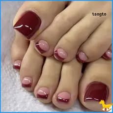 【TS】24 Unidades De Prensa De Ponta Francesa Vermelha Vinho Nas Unhas Dos Pés , Falsas Quadradas Curtas , Cola Removív