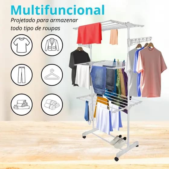 Varal de Chão Dobrável Vertical 3 Andares Retrátil com Rodinhas Ideal para Apartamento Ocupa Pouco Espaço Branco e Cinza