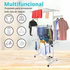 Varal de Chão Dobrável Vertical 3 Andares Retrátil com Rodinhas Ideal para Apartamento Ocupa Pouco Espaço Branco e Cinza