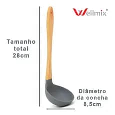Concha De Silicone Cabo Madeira 28cm Utensílio Cozinha Cinza Wellmix