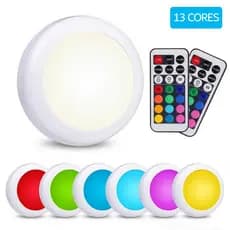Luminárias Lâmpadas Spots Led Redondas Adesivas RGB Coloridas Sem Fio Com Controle Remoto
