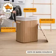 Cesto De Roupas Sujas Retangular Dobrável De Bambu Ecológico Organizador Forrado Banheiro Lavanderia